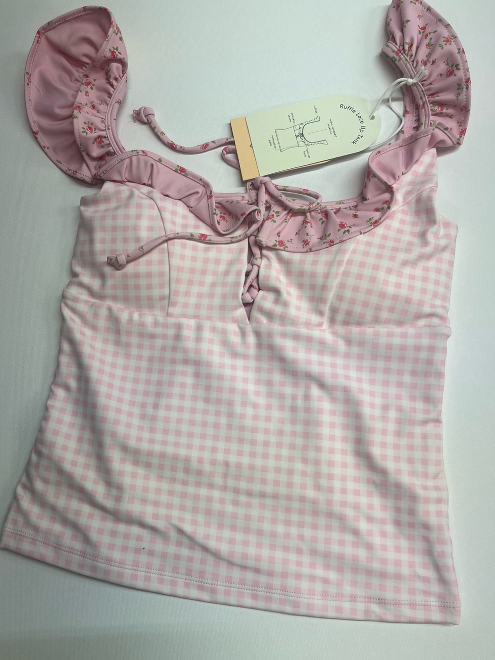 Blogilates Ruffle Lace-Up Tank – Pink Gingham